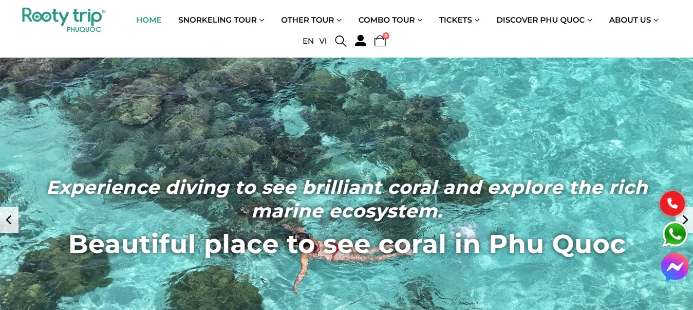 Phần header, banner của website giới thiệu tour du lịch Rooty Trip