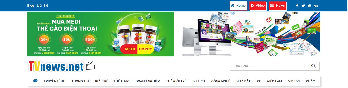 Phần header, banner của Mẫu website tin tức truyền hình TVnews