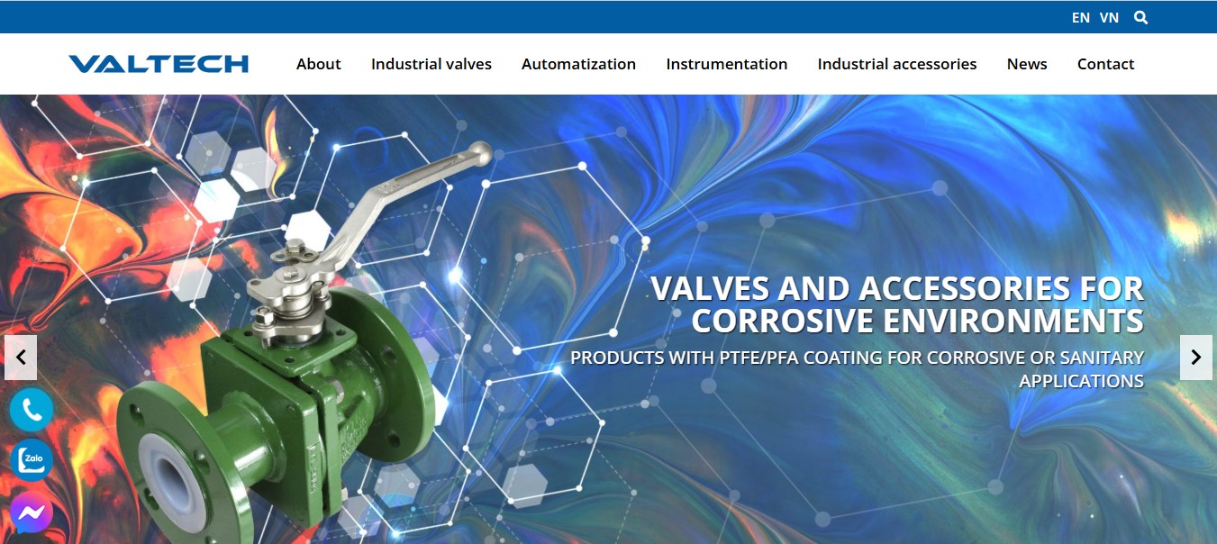 Phần header, banner website bán sản phẩm van công nghiệp VALTECH