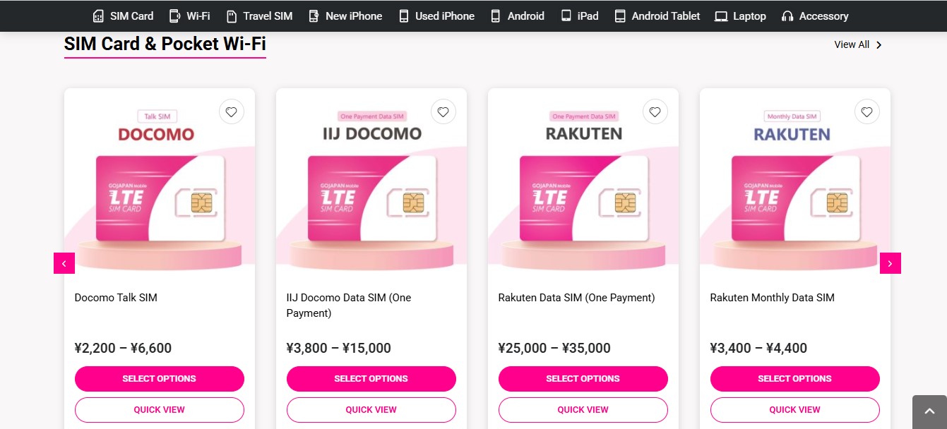 Mục sản phẩm của Website thương mại điện tử GOJAPAN Mobile