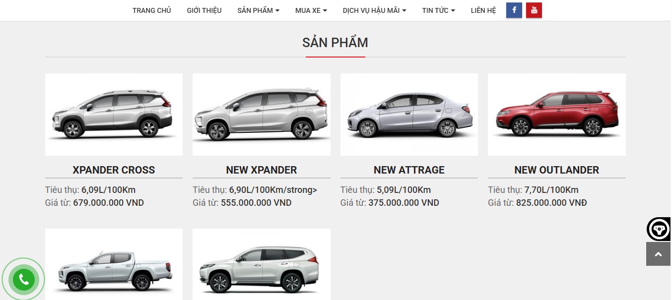 Phần sản phẩm của website bán xe ô tô Mitsubishi AMC