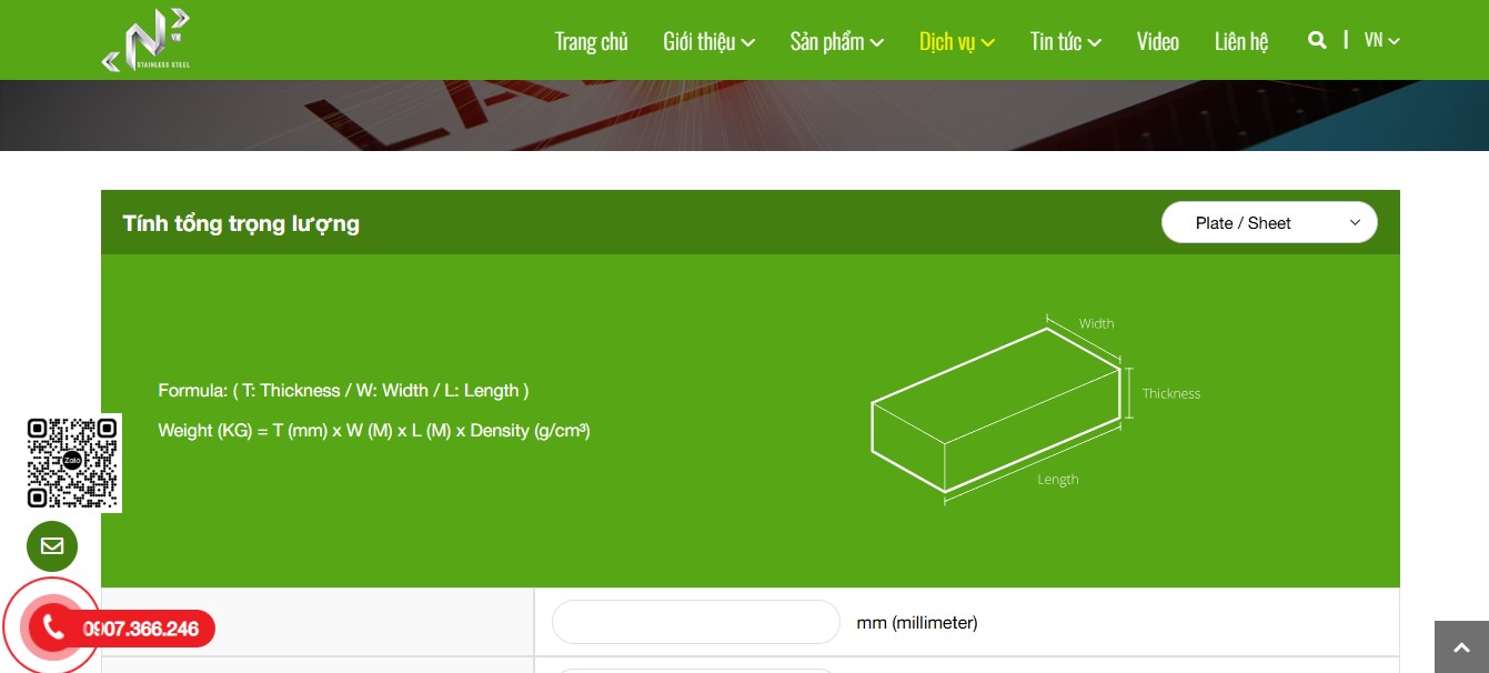 Tính năng tính toán tổng trọng lượng của Website INOX DNP